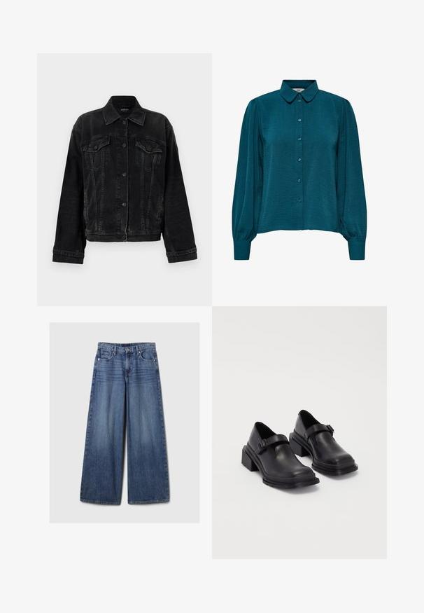 Replay JACKET - Denim jacket - black; Teal blouse with a collared neckline, button front, and long sleeves. Made from textured fabric with gathered cuffs.; Wide-leg blue denim jeans with a faded finish, featuring a button and zipper closure, five pockets, and belt loops.; Black leather shoes with a rounded toe, flat sole, and a strap with a buckle detail. Chunky block heel for added stability.