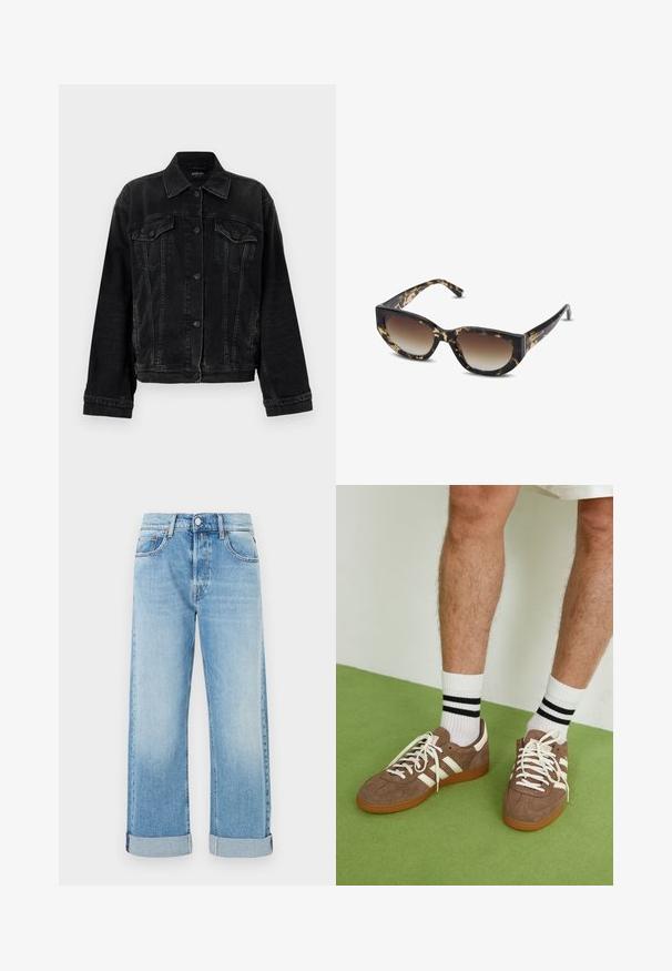 Replay JACKET - Cowboyjakker - black; Blå denimskjorte med lange ærmer, trykknapper, to brystlommer og spidse kraver, lagt fladt på hvid baggrund.; Lyseblå denimjeans med lige ben, som har fem lommer, en knaplukning og opbrettede kanter.; Brune ruskind sneakers med hvide detaljer og snørebånd. Gummisål i naturgummi. Båret med hvide sokker med sorte striber. Grøn struktureret gulv.; Brune og sorte skildpaddemønstrede solbriller med vinklet katteøjeform, gradientlinser og tyk ramme. Logo trykt på stængerne.; Brun vævet taske med en slouchy form, et enkelt loop-håndtag og en tekstureret overflade. Designet har en hobo-stil uden yderligere hardware.