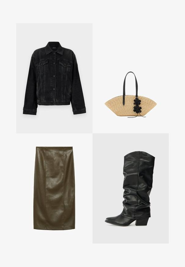 Replay JACKET - Cowboyjakker - black; Asymmetrisk beige top lavet af glat stof, har en halterneck, draperet front og knaplukning bagpå med en bindedetalje i kanten.; Oliven grøn pencil skirt i faux læder med en glat tekstur, knælængde, der har lodrette sømme for et skræddersyet look.; Sorte læderknæhøje støvler med et skrånet design, spids tå og chunky hæl, der har en glat overflade og minimal syning.; Stråhåndtaske med et bredt, fanformet design, sorte læderhåndtag og sorte blomsterdetaljer på den ene side.