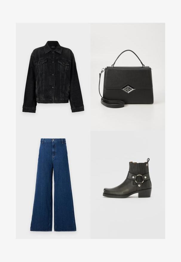 Replay JACKET - Jachetă din denim - black; Replay SQUARED NECK - Bluză cu mânecă lungă - red; Replay PANTS - Blugi drepți - dark blue; Botine negre din piele cu vârful rotunjit, laterale elastice cu nervuri, un accent din inel metalic și toc mic pătrat.; Geantă sintetică neagră, cu un design structurat, mânere superioare, curea de umăr detașabilă și logo argintiu în formă de diamant pe față.