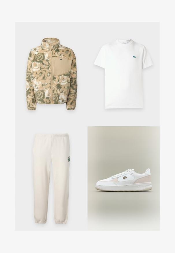 Casaco de fleece felpudo em bege com padrão floral verde, apresentando um fecho à frente e um bolso no peito em tom caramelo. Logótipo da Lacoste no bolso.; T-shirt de algodão branca com gola redonda, mangas curtas e um pequeno logótipo de crocodilo verde bordado no lado esquerdo do peito.; Sweatpants beige claros feitos de algodão, com um cós elástico, punhos canelados e um logótipo verde com desenho de folha na perna esquerda.; Tênis brancos com upper de couro liso, detalhes em camurça e sola de borracha. Apresenta logotipo em relevo e design com cadarço. Estética minimalista.