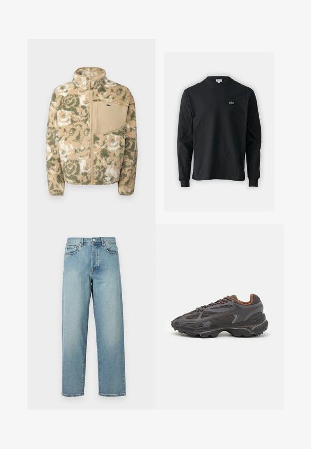 Casaco de fleece felpudo em bege com padrão floral verde, apresentando um fecho à frente e um bolso no peito em tom caramelo. Logótipo da Lacoste no bolso.; Camisola preta de manga longa feita de algodão, com decote redondo e um pequeno logótipo de crocodilo bordado em verde no lado esquerdo do peito.; Jeans de denim azul claro com um corte solto, pernas retas, design de cinco bolsos e fecho de botão na cintura. Detalhe de costura minimalista.; Ténis Lacoste em cinza-escuro com material em malha e sintético, apresentando uma sola texturizada e detalhes castanhos na gola e na marca.