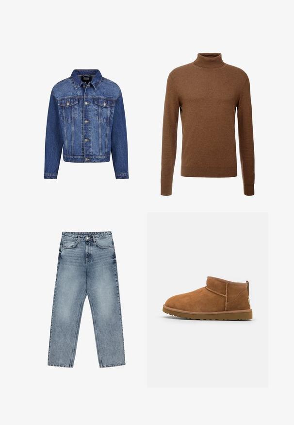 Közép kék farmerdzseki ezüst színű fém alkatrészekkel, két mellzsebbel, gombos elülső résszel és klasszikus gallérral. Szabványos szabás hosszan érő ujjal.; Barna garbónyakú pulóver, puha anyagból készült, hosszú ujjakkal, bordás mandzsettákkal és testhezálló, észlelhető minták nélkül.; Világoskék farmernadrág egyenes szárú szabással, látható varrással, öt zsebes kialakítással és gombos derékkal.; Barna suéd bőrcipő, lekerekített orral, diszkrét varrásokkal és texturált gumitalppal. Rövid magasságú, fűző nélkül.