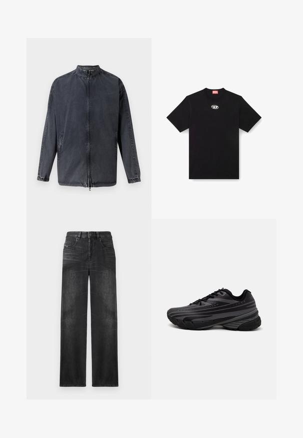 Svart avslappnad jacka gjord av denimmaterial, med ståkrage, dragkedja fram och elastiska ärmslut. Inkluderar sidofickor och en avslappnad passform.; Svart bomulls-t-shirt med rund hals och korta ärmar. Har en liten, silverfärgad logotyp broderad i mitten av framsidan.; Svarta rak ben-jeans i denim, med fem fickor, bälteshällor och subtila blekningar på tyget för struktur.; Svart löparsko med en texturerad ovandel och grå ränder. Tjock sula för dämpning, rund tå och platta snören för en säker passform.