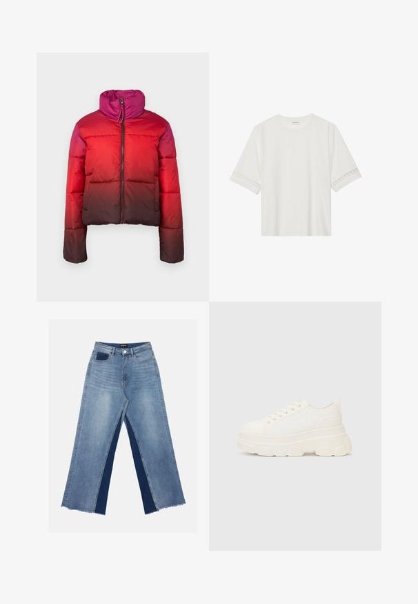 Pufák s ombré dizajnom prechádzajúcim z jasne červenej do tmavo bordovej, s vysokým golierom a predným zipsom.; Biele tričko s krátkym rukávom vyrobené z bavlny, s dekoratívnym čipkovým lemovaním pozdĺž rukávov a okrúhlym výstrihom.; Svetlomodré široké džínsy so kontrastnými tmavomodrými panelmi, rozstrapkanými lemami a štandardným pásom so zapínaním na kovový gombík.; Biele plátené tenisky s hrubou podrážkou, zaoblenou špičkou a piatimi očkami na šnúrky. Zadný popruh pre jednoduché obúvanie. Hladká textúra, minimalistický dizajn.