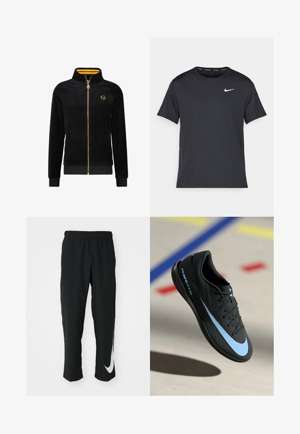 Must musta jakk, millel on ees lukuga sulgemine, kõrge krae, kollaste triipudega vooder, soonikkoes varrukad ja kuldne logo rinnal.; Mustamust Nike'i jooksupaita, mis on valmistatud kergest ja hingavast materjalist, lühikeste varrukatega ja mille rinnal on väike valge logo.; Mustad mustad sportlikud püksid elastse vöökohtadega, kitseneva disainiga, millel on vasakul jalal suur valge Nike logo. Pehme, kerge kangas.; Mustad mustus spordijalats siniste detailidega, tekstureeritud pind, lipsudega disain ja eristuv Nike logo. Kummist talla, millel on haardemustrid.