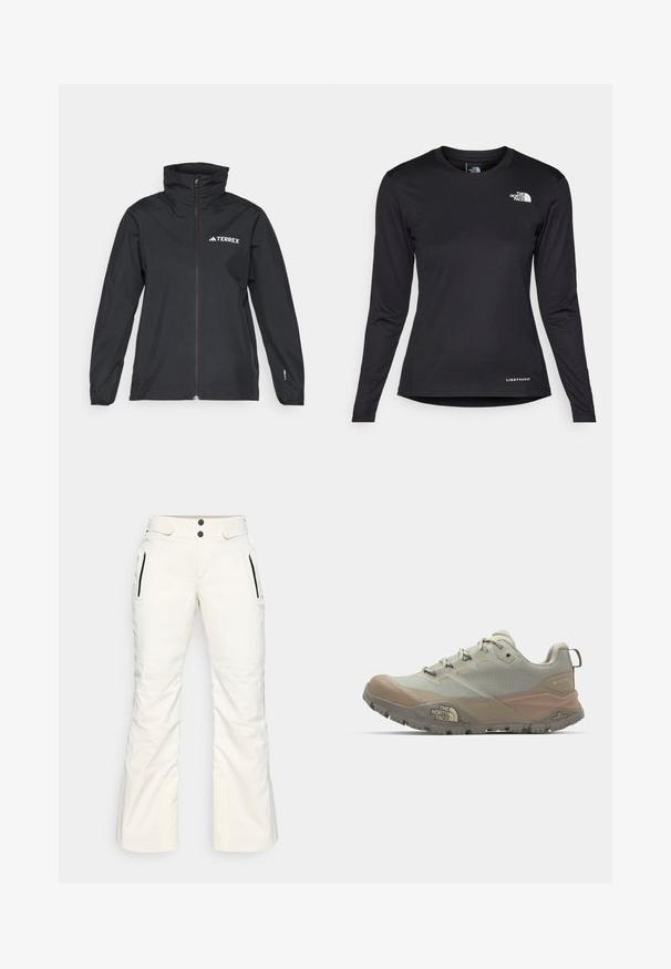 Must mustrajakas, millel on kõrge krae, täispikk tõmblukk ja pikad varrukad. Valmistatud kergest materjalist, millel on peen sära.; The North Face SHADOW LONG SLEEVE - Pikkade varrukatega topp - black; Valged suusapüksid siledast materjalist, millel on kaks lukuga külgetaskut, kaks nuppu vööl ja veidi hõlmadega lõige.; Heledhalli spordijalanõud beežide aktsentidega, valmistatud sünteetilisest materjalist. Omab karmi tallatüüpi, paeltega sulgemist ja brändimist küljes.