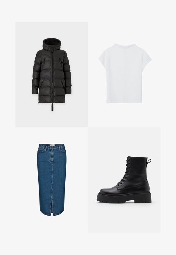 Hunter ORIGINAL ALBA - Cappotto invernale - black; Top corto bianco a maniche corte caratterizzato da una vestibilità morbida, texture leggera e scollo tondo. Visto da dietro mostra un design semplice e fluido.; Gonna a tubino in denim blu scuro, con uno spacco frontale, cinque tasche e cuciture a contrasto. Vita medio-alta con un design classico.; Stivaletti in pelle nera alla caviglia con punta rotonda, lace-up frontale e suola in gomma spessa con battistrada textured. Tassello sul retro.