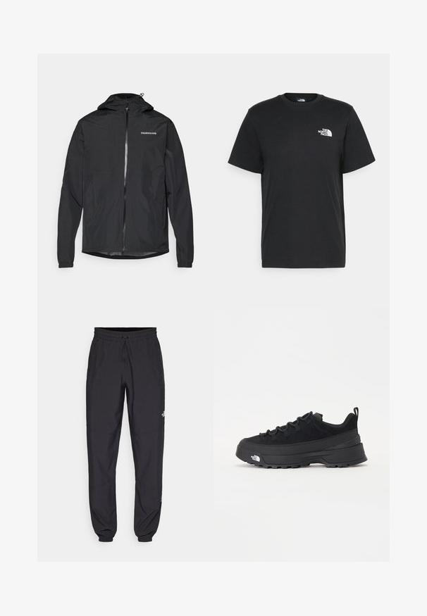 Chaqueta ligera negra con capucha, con cremallera frontal, puños elásticos y un logo simple en el pecho. Material suave y resistente al agua.; Camiseta de algodón negro con mangas cortas, cuello redondo y un pequeño logo blanco en el lado izquierdo del pecho. Diseño simple, textura suave y ajuste relajado.; Pantalones deportivos negros hechos de un tejido ligero, con una cinturilla ajustable, bolsillos laterales y puños ajustados en los tobillos.; Zapatilla negra de exterior con parte superior de ante, suela de goma texturizada y un sólido sistema de cordones. Cuenta con un talón reforzado y el logotipo de la marca en el lateral.