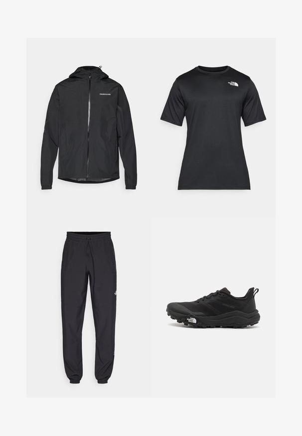 Casaco leve preto com capuz, apresentando um fecho de correr na frente, punhos elásticos e um logótipo simples no peito. Material liso e resistente à água.; Camiseta preta de manga curta feita de um tecido leve e que absorve a umidade. Apresenta um logo branco no lado esquerdo do peito e um decote redondo.; Calças atléticas pretas feitas de tecido leve, com um cós ajustável por cordão, bolsos laterais e punhos afunilados nos tornozelos.; Sapatilha de trail running preta com um upper texturizado, sola de borracha e biqueira reforçada. Possui um colarinho acolchoado e uma alça para facilitar o calçar.