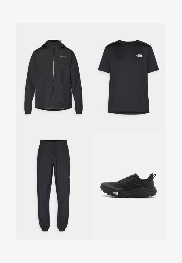 Schwarze leichte Jacke mit Kapuze, ausgestattet mit einem Frontreißverschluss, elastischen Bündchen und einem schlichten Logo auf der Brust. Glattes, wasserabweisendes Material.; Schwarzes T-Shirt mit kurzen Ärmeln aus leichtem Stoff. Mit einem kleinen weißen Logo auf der linken Brust und dezenten Akzenten an den Schultern.; Schwarze Sporthosen aus leichtem Stoff, mit einem Kordelzugbund, seitlichen Taschen und schmal zulaufenden Bündchen an den Knöcheln.; Schwarzer Trailrunning-Schuh mit strukturiertem Obermaterial, Gummisohle und verstärkter Zehenkappe. Verfügt über einen gepolsterten Kragen und eine Ziehlasche für einfaches Anziehen.