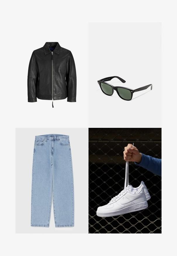 Sort læderjakke med lynlåslukning, spidse krave og sidelommer med lynlås. Har en glat tekstur og et minimalistisk design.; Hvid bomulds tanktop med rund halsudskæring, brede skulderstropper og lige kant, der har en glat tekstur og uden synlige mønstre.; Lyseblå denimjeans med straight leg-design, der har en mid-rise talje, fem lommer og en lukning med knap og lynlås.; Hvide lædersneakers med perforeringer, rund tå, flad sål og tykke snørebånd, med et synligt swoosh-logo og "AIR" på hælen.; Sorte plastiksolkaber med grønne linser, firkantede stel, sølvaccent på brynene og teksturerede templede arme. Angivet mærke på den indre arm.