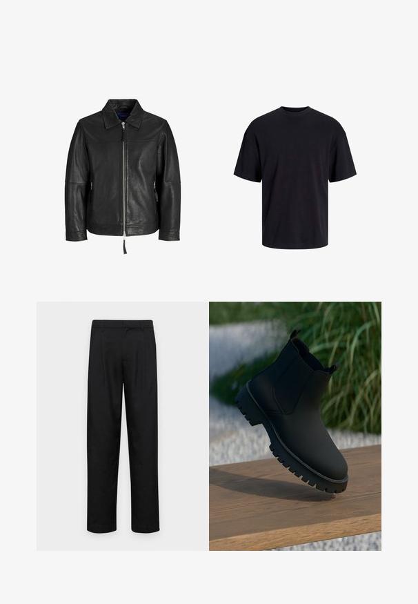 Giacca in pelle nera con chiusura a zip, colletto a punta e tasche laterali con zip. Presenta una texture liscia e un design minimalista.; T-shirt in cotone nero con collo rotondo, maniche corte e vestibilità morbida. Texture liscia senza pattern o dettagli visibili.; Pantaloni neri realizzati in tessuto liscio, caratterizzati da un taglio dritto, due pieghe frontali e una vita standard con passanti per la cintura.; Stivale alla caviglia nero con finitura liscia, pannelli laterali elastici e una suola spessa e robusta. Ambientato su uno sfondo naturale su una superficie di legno.