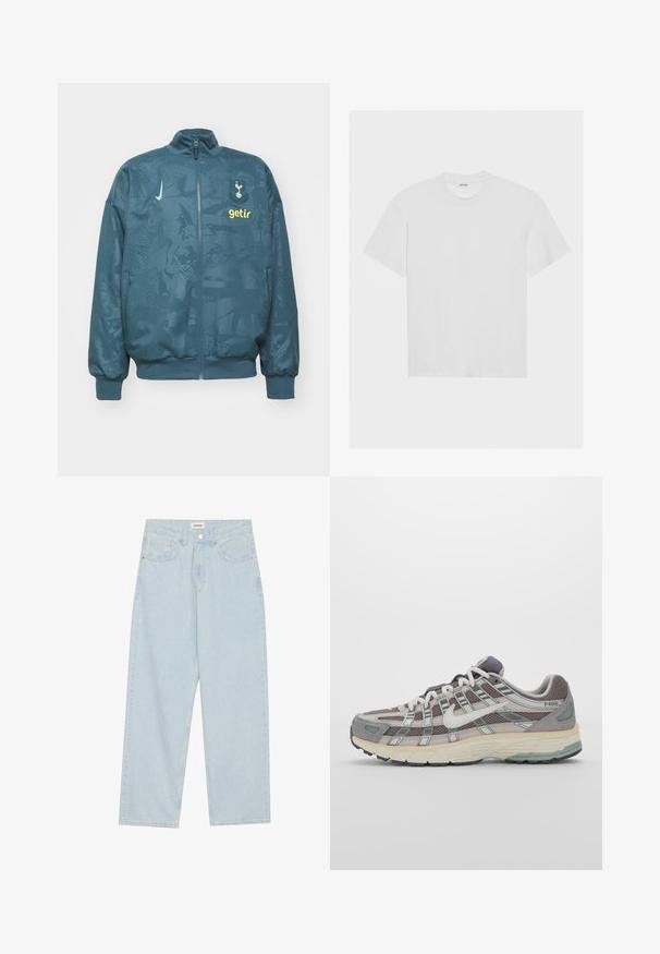 Giacca in teal con zip, caratterizzata da un motivo testurizzato, con un logo e la scritta "getir" in giallo. I polsini e l'orlo a costine assicurano una vestibilità aderente.; T-shirt bianco in cotone con maniche corte, colletto girocollo e vestibilità comoda. Texture liscia senza motivi o decorazioni visibili.; Jeans azzurri a gamba larga in denim, con vita media, cinque tasche e chiusura con bottone accompagnata da un sottile accento metallico.; Scarpa sportiva grigia con tomaia in mesh e suede, dettagli bianchi, suola ammortizzata e un design distintivo con elementi riflettenti.