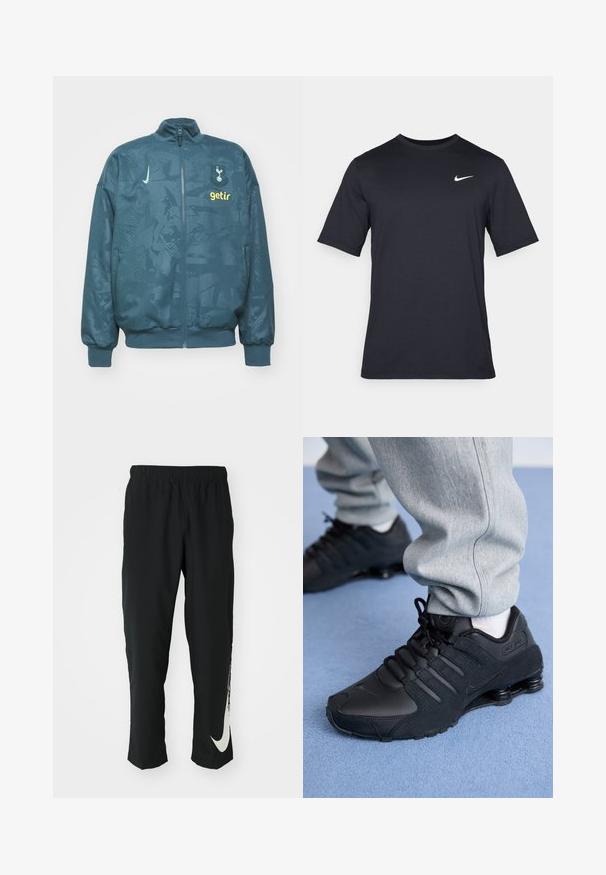 Teal zip-up jack met een textuurpatroon, met een logo en "getir" in het geel. Ribgebreide manchetten en zoom zorgen voor een stevige pasvorm.; Zwart T-shirt met korte mouwen van Nike, gemaakt van gladde stof, met een wit swoosh-logo op de bovenlinkerzijde, ronde hals.; Zwarte sportbroeken met elastische tailleband, taps toelopend ontwerp, met een groot wit Nike-logo op het linkerbeen. Zachte, lichte stof.; Persoon in zwarte Nike Shox sneakers en een grijze joggingbroek staand op een lichtblauw tapijt.