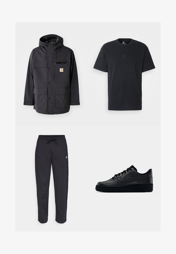 Juodas gobtuvas striukė su lygiu audiniu, turinti kelis priekiniai kišenes, užtrauktuku užsegamą krūtinės kišenę ir logotipo dėklą.; Juodas medvilninis Nike marškinėliai su klasikinėmis apykaklėmis, trumpomis rankovėmis ir subtiliu, įspaustu logotipu ant krūtinės. Sklandus tekstūra.; Juodos sportinės kelnės, pagamintos iš minkštos medžiagos, su elastinga juostele, raišteliu ir mažuoju Nike logotipu kairiajame šlaunyje.; Juodi Nike Air Force 1 sportbačiai su lygia odine viršutine dalimi, perforuotu kepurėle kvėpuojamumui, juodomis raištelėmis ir tekstūruotu guminį padu.