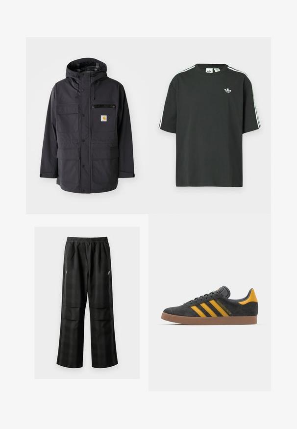 Črna kapuča jakna z gladkim materialom, ki ima več sprednjih žepov, žep na prsih z zadrgo in logo na obližu.; Črna bombažna majica s kratkimi rokavi, okroglim vratom in belo trikratno črtasto okrasitvijo na ramenih. Na prsih majhen beli logotip.; Črne karirane hlače z elastičnim pasom, dvema sprednjima žepoma in ohlapnim krojem s pravimi nogavicami. Narejene so iz lahke tkanine.; Črne semiš tene z rumenimi akcenti, ki vsebujejo tri trakove in rjavo gumo podplat. Vključujejo oblazinjeno jezik za udobje.