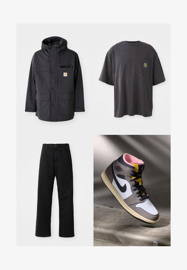 Musta hupullinen takki, jossa on sileä kangas, useita etutaskuja, vetoketjullinen rintatasku ja logopatch.; Mustat puuvillapaidat, joissa on lyhyet hihat, pyöreä kaula-aukko ja vasemmassa rinnassa tasku, jossa on neliölogo. Yksinkertainen ja koristelematon muotoilu.; Musta farkkushortsit suoran leikkauksen kanssa, joissa on etutaskut, vetoketjuläppä ja yksi yläpainike. Rakenteellinen kangas matta pinnalla.; Korkeavartiset Nike Air Jordan -lenkkarit valkoisena, harmaana ja mustana vaaleanpunaisella sisäosalla ja keltaisella kielillä, asetettuna betonipinnalle.