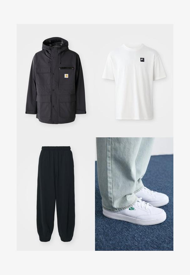 Casaco preto com capuz feito de um tecido suave, apresentando múltiplos bolsos frontais, um bolso no peito com fecho e um emblema.; T-shirt branca em algodão com mangas curtas e decote redondo; apresenta um pequeno logótipo retangular preto da Nike Air no lado esquerdo do peito.; Calças de fato de treino pretas, com cintura elástica e um corte solto, com punhos nas pernas, textura suave e sem padrões visíveis ou detalhes de metal.; Tênis de couro brancos com logo verde da Nike, bico redondo, sola plana, combinados com calças de denim azul claro, exibidos sobre um tapete azul.