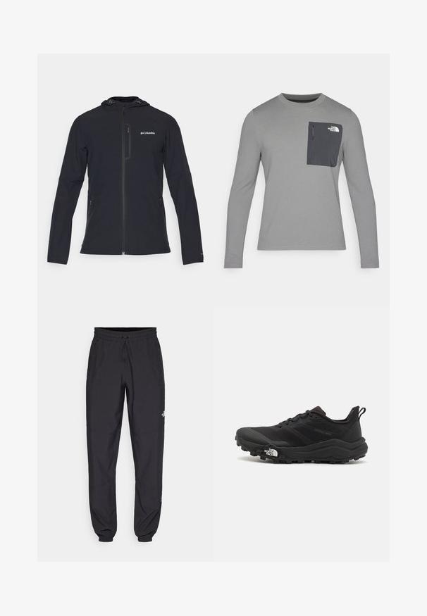 Columbia COLUMBIA TECH™ SOFTSHELL HOODIE - Softshelljacke - black; Langärmliges graues Shirt aus strukturiertem Stoff, mit einer dunkelgrauen Brusttasche und einem Reißverschluss. Logo in Weiß auf der Tasche.; Schwarze Sporthosen aus leichtem Stoff, mit einem Kordelzugbund, seitlichen Taschen und schmal zulaufenden Bündchen an den Knöcheln.; Schwarzer Trailrunning-Schuh mit strukturiertem Obermaterial, Gummisohle und verstärkter Zehenkappe. Verfügt über einen gepolsterten Kragen und eine Ziehlasche für einfaches Anziehen.