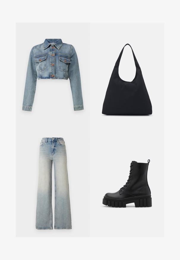 Kropts gaiši zils džinsu jaka, kurai ir strukturēta apkakle, garas piedurknes un divas priekšējās kabatas ar pogu aizdari.; Vero Moda VMNEWCREAM FUNNELNECK PULLOVER - Džemperis - black/birch; Gai zilu platā kāja džinsi, kas izgatavoti no denima, ar augstu jostasvietu, piecām kabatām un redzamu dūrienu gar šuvēm.; Melnas ādas potītes zābaki ar masīvu, rievojumu zoli, auklu aizdari un vilces cilpu uz gludas baltas fona.; Melnas auduma soma ar vienu, platu plecu siksnu. Mīksta, pusstrukturēta forma un gluda tekstūra; minimāls dizains, bez redzamiem piederumiem.; Zelta auskari ar gludu, spīdīgu apdari. Apaļš dizains, kas ietver mazu tapu un caurspīdīgu pamatni drošai valkāšanai.