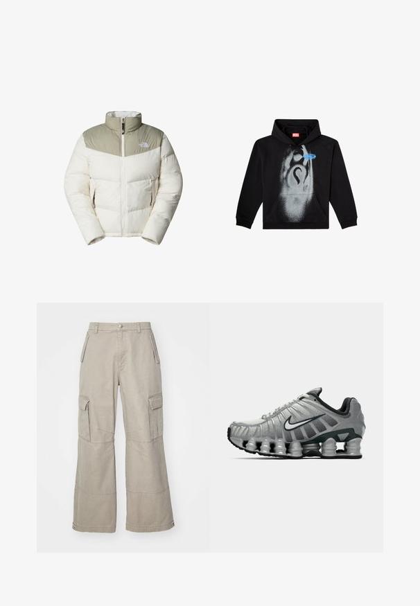 Puffjakke i cremefarvet med en lyse olivengrøn overdel. Har lynlåslukning, høj krave og to frontlynlåslommer. Blød tekstur.; Sort hættetrøje lavet af bomuld. Har en frontlomme, snorhuv og et gråt spraymalet design med en blå etikette accent.; Khaki cargo bukser lavet af bomuldsblanding, med brede ben, flere sidelommer og subtile syninger.; Grå og sort Nike løbesko med synlig fjederlignende dæmpning under sålen og et hvidt swoosh-logo på siden.