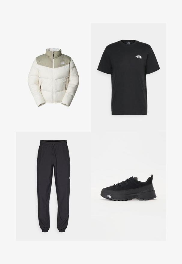 Puffjacka i krämfärgad med en ljus olivgrön övre del. Har en dragkedjestängning, hög krage och två framfickor med dragkedja. Mjuk textur.; Svart bomull t-shirt med kort ärm, rund halsringning och en liten vit logga på vänster bröst. Enkelt design, mjuk textur och avslappnad passform.; Svarta träningsbyxor tillverkade av lättviktsmaterial, med dragsko i midjan, sidofickor och avsmalnande muddar vid anklarna.; Svart utomhussko med ovandel i mocka, texturerad gummisula och robust snörningssystem. Har en förstärkt häl och varumärkeslogotyp på sidan.