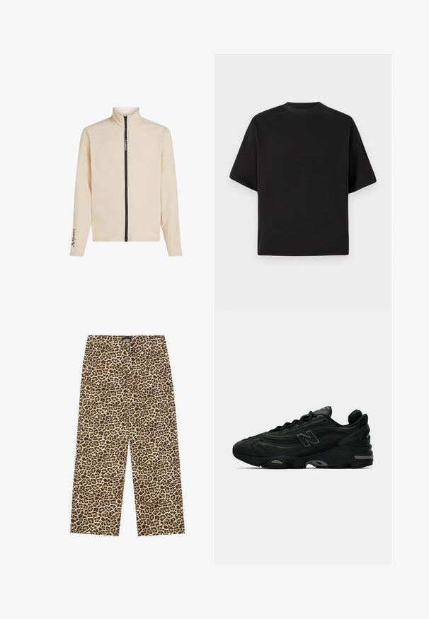 Casaco de fleece creme com colarinho alto, fecho éclair frontal completo e detalhes de logótipo no peito e na manga. Apresenta mangas longas e uma textura suave.; T-shirt preta de manga curta em corte solto, feita de algodão suave, com decote redondo e design minimalista.; YOURTURN UNISEX - Calças de ganga de corte relaxado - beige/black; Ténis de corrida pretos com um upper texturizado, apresentando um logótipo proeminente, sola grossa e subtis acentos cinzentos ao longo do design.