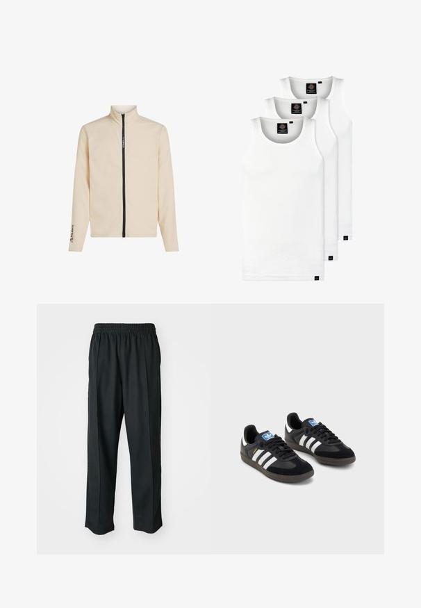 Jasne krémový flísový svetrový kabát s vysokým golierom, celopredným zipsom a logom na hrudi a rukáve. Má dlhé rukávy a jemnú textúru.; Tri biele rebrované tielka vyrobené z bavlny. Majú okrúhly výstrih a malé čierne štítky pri leme. Dostupné v rôznych veľkostiach.; Čierne športové nohavice s elastickým pásom, vyrobené z hladkého materiálu, s jemným bočným šitím a voľným strihom, rovný strih.; Čierne tenisky so zvrškom z semišu a syntetického materiálu, s tromi bielymi pruhmi, štruktúrovanou gumovou podrážkou a modrou logovou etiketou na jazyku.