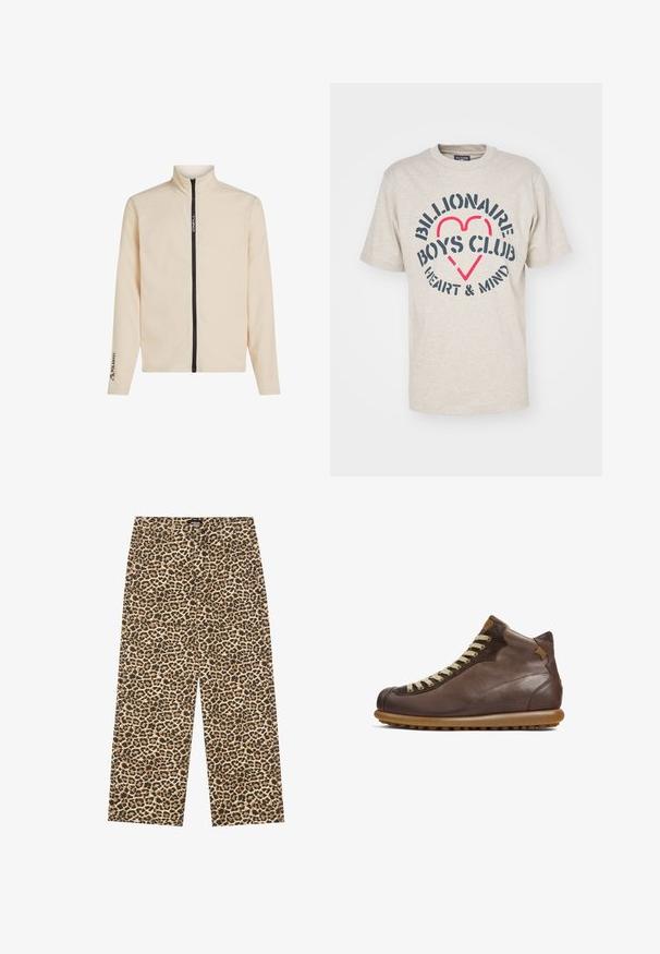 Kreemja värvi fliisjakki kõrge kaelusega, täispikk tõmblukk ja logo aktsendid rinnal ning varrukal. Omab pikki varrukaid ja pehmet tekstuuri.; Billionaire Boys Club HEART & MIND STENCIL LOGO - Trükipildiga T-särk - oat; YOURTURN UNISEX - Avar lõikega teksad - beige/black; Camper PELOTAS ARIEL - Nööritavad poolsaapad - dunkelbraun