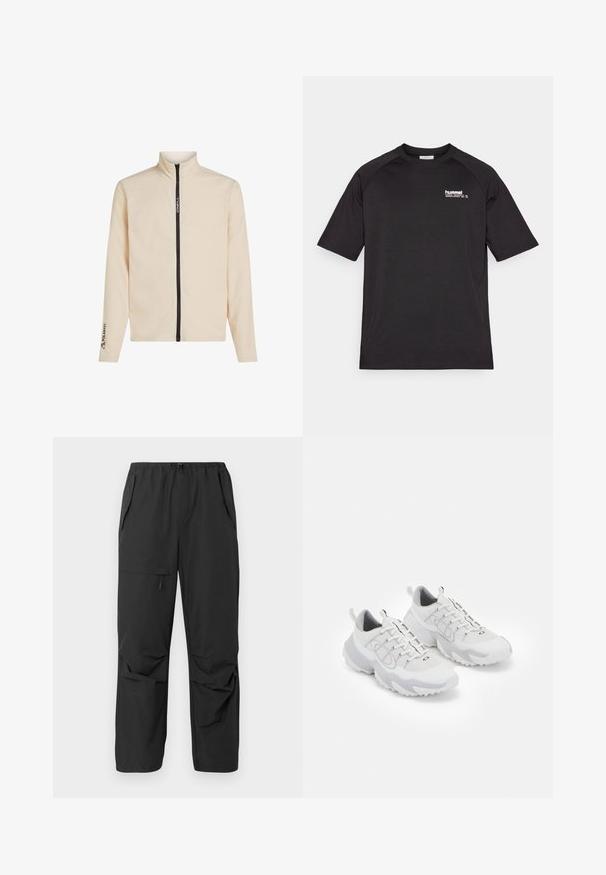 Chaqueta de forro polar color crema con cuello alto, cierre completo en la parte delantera y detalles de logo en el pecho y la manga. Cuenta con mangas largas y una textura suave.; Camiseta negra de manga corta hecha de tela suave, con un logo blanco de 'hummel' en el pecho izquierdo y mangas estilo raglán.; Pantalones negros, ligeros, con una cintura elástica, bolsillos laterales y un corte relajado. Textura suave, sin patrones o acentos visibles.; Zapatillas deportivas blancas con parte superior de malla, acentos grises, suela de goma texturizada y lengüetas en el talón; presentan un diseño de cordones.