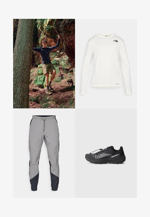 Ārējās piedzīvojumu apģērbs, kas sastāv no melnas kapuci jaku ar rāvējslēdzēju, zaļiem šortiem un dzeltenām pārgājienu kurpēm. Dabiska meža vide ar akmeņiem un sūnām.; Balta garām piedurknēm krekls ar apaļu kaklu, teksturēta auduma, melns logo kreisajā plecā un smalka zīmola identifikācija apakšā.; Viegls, pelēks sporta bikses ar melniem akcentiem. Elastīga josta, ar auklu aizdare, sašaurināts kāju dizains un sānu kabatas.; Melnas takasmēru skriešanas kurpes ar teksturētu sietu augšdaļu, atstarojošiem elementiem, mīkstinātu zoli un elastīgu šņorēšanas sistēmu. Logo sānos.