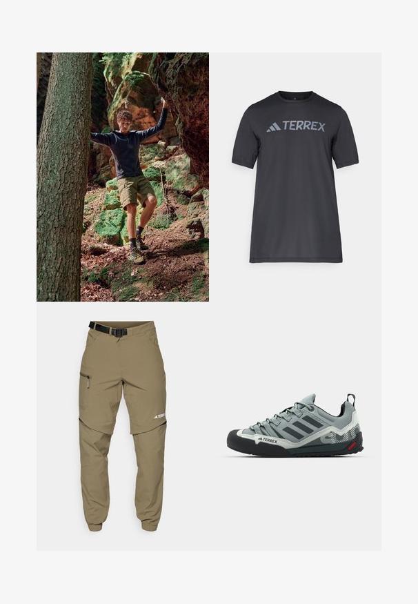 Szabadtéri kalandhoz illő öltözet fekete zipzáros kapucnis felsővel, zöld rövidnadrággal és sárga túracipővel. Természetes erdei környezet, kövekkel és mohával.; Fekete, rövid ujjú póló, könnyű anyagból készült, világosszürke „TERREX” logóval a mellrészen és kerek nyakkivágással.; Khaki színű kültéri nadrág állítható fekete övvel, cipzáras zsebekkel, szűkített szárakkal és levehető alsó lábrésszel a sokoldalú stílus érdekében.; Szürke mászócipők, érdes felsőrésszel, fekete gumi orral, három sötét csíkkal és egy kis piros akcentussal a talpon.