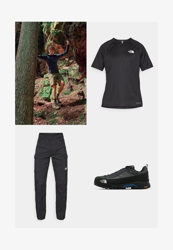 Välistingimustes seikluse riietus, mis sisaldab musta lukuga kapuutsiga jakki, rohelisi lühikesi pükse ja kollaseid matkajalatsid. Loomulik metsa keskkond koos kivide ja sambla sarnaste elementidega.; Must mustreening, lühikeste varrukatega sportpoliis, millel on tekstuuriga kangas, valge logo vasakul rinnal ja sirge äär.; The North Face EXPLORATION PANTS - Kargopüksid - black; The North Face VERTO ALPINE GORE TEX - Matkajalatsid - asphalt grey/tnf black