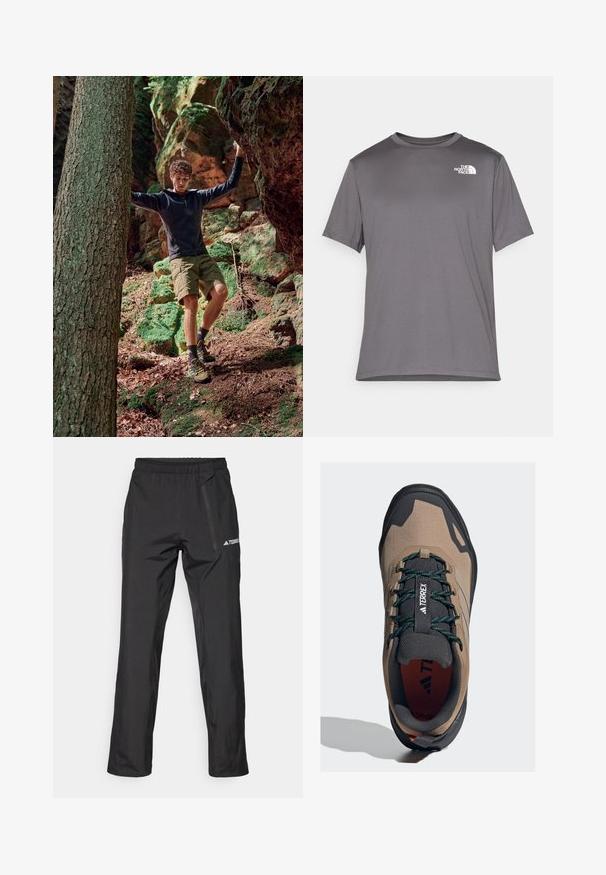 Ārējās piedzīvojumu apģērbs, kas sastāv no melnas kapuci jaku ar rāvējslēdzēju, zaļiem šortiem un dzeltenām pārgājienu kurpēm. Dabiska meža vide ar akmeņiem un sūnām.; Pelēks īso piedurknu sporta T-krekls, kas izgatavots no gludas, vieglas auduma. Iekļauj baltu logotipu kreisajā krūtīs. Apaļas kakla dizains.; Melnas vieglas āra bikses ar elastīgu jostu, rāvējslēdzēja kabatām un uzdrukātu logotipu. Gluda tekstūra un taisni pieguļošas kājas.; Terrex apavi zemes toņos ar teksturētu auduma augšdaļu, melnu gumijas zoli, zaļām šņorēm un pastiprinātu pirkstu daļu izturībai.