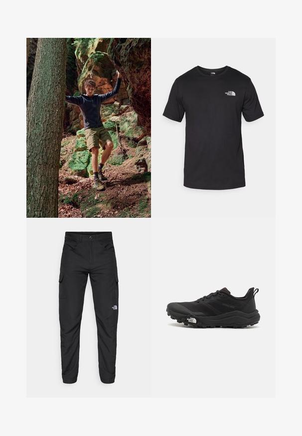 Ārējās piedzīvojumu apģērbs, kas sastāv no melnas kapuci jaku ar rāvējslēdzēju, zaļiem šortiem un dzeltenām pārgājienu kurpēm. Dabiska meža vide ar akmeņiem un sūnām.; Melna īsām piedurknēm T-krekls, kas izgatavots no kokvilnas, ar apaļu dekoltē un nelielu baltu logotipu augšējā kreisajā krūtīs.; The North Face HORIZON PANT - Āra bikses - black; Melnas taku skriešanas kurpes ar teksturētu virsu, gumijas zoli un pastiprinātu pirkstu daļu. Aprīkotas ar mīkstu apkakli un vilkšanas cilpu, lai viegli uzvilktu.