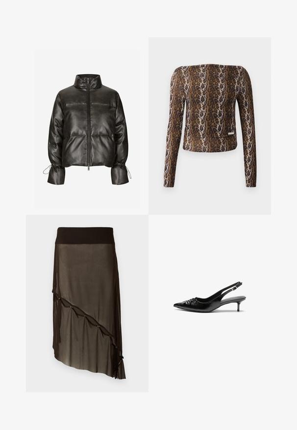 Giacca imbottita in ecopelle nera con collo alto, cerniera frontale e polsini elasticizzati. Presenta un design trapuntato e dettagli arricciati.; Top corto a maniche lunghe in stampa leopardata, con una texture morbida, palette di colori marrone e nero, e un sottile logo accentuato all'orlo.; Gonna nera in rete con vita aderente, orlo asimmetrico, bottoni decorativi lungo il davanti e texture sovrapposta trasparente.; Décolleté slingback nere in pelle con punta appuntita, tacco kitten basso e dettaglio arricciato sulla parte anteriore. Texture liscia e design minimalista.