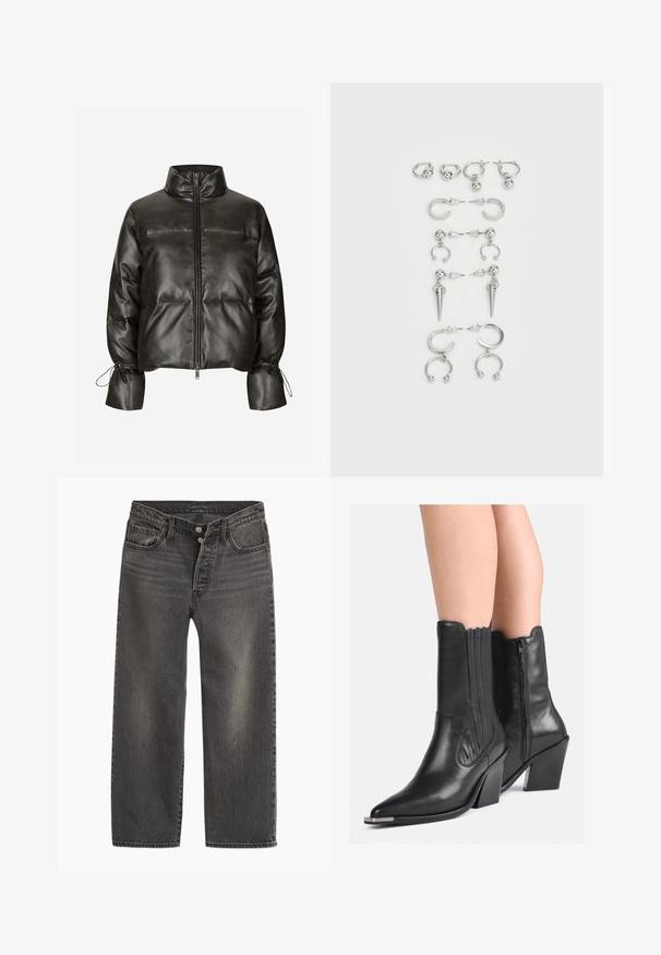 Čierna nadýchaná bunda z umelého koženého materiálu s vysokým golierom, predným zipsom a elastickými manžetami. Disponuje prešívaným dizajnom a nazdobenými záhybmi.; Čierny rebrovaný bezrukávový top s výstrihom dookola, ozdobený rôznymi lesklými flitrami a korálkami v rôznych tvaroch a farbách.; Čierne džínsové nohavice z denimu s rovnými nohavicami, vysokým pásom a zapínaním na gombíky. Obsahujú jemné vyblednutie a kontrastné prešitie.; Čierne kožené kovbojské topánky po členky s špicatými špičkami, vrúbkovanými podpätkami, bočným zipsom a dekoratívnym prešívaním, nosené na holých nohách.; Sada strieborných náušníc s rôznymi dizajnmi: kruhové, puzety a visiace štýly, s okrúhlymi akcentmi a špicatými prvkami.
