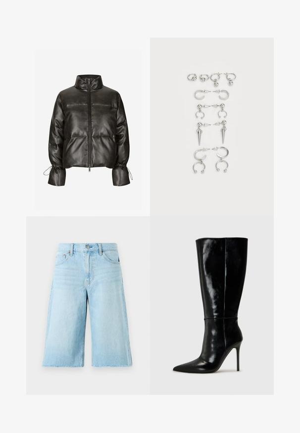 Zwarte pufferjas van nepleer met een hoge kraag, ritssluiting aan de voorkant en elastische manchetten. Voorzien van een doorgestikte uitstraling en geplooide details.; Twee tanktops: de ene in crème met een ronde hals en een lichte details aan de voorkant, de andere lichtbruin, beide met een geribbeld textuur en brede schouderbanden.; Lichtblauwe denim shorts met een losse pasvorm, een rafelige zoom, vijf zakken en metalen hardware. Klassiek jeansontwerp met subtiele vervaging.; Zwarte leren kniehoge laarzen met een spitse neus en hoge stiletto hak. Soepele textuur en strak ontwerp, met minimale detailing.; Set van zilveren oorbellen met verschillende ontwerpen: hoops, studs en hangende stijlen, met balletjes en puntige elementen.