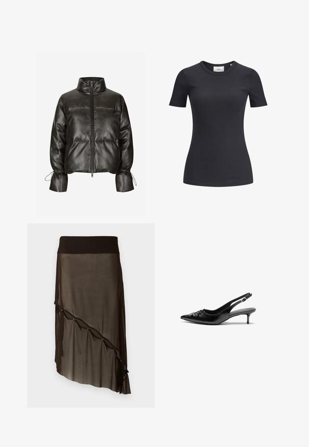 Svart pufferjakke i kunstskinn med høy krage, frontglidelås og elastiske mansjetter. Har et quiltet mønster og innsamlingsdetaljer.; Svart ribbet kortermet t-skjorte med rund hals. Laget av et mykt, stretchy stoff, med subtil tekstur og en tettsittende silhuett.; Sort mesh skjørt med en tettsittende linning, asymmetrisk kant, dekorative knapper langs fronten og lagdelt gjennomsiktig tekstur.; Sorte skinnert remsandaler med spiss tå, liten kittenhæl og en dekorativ knute detalj foran. Glatt tekstur gjennom hele.