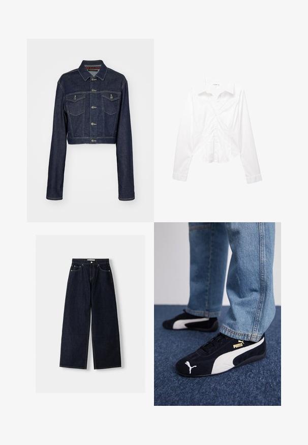 Giacca di jeans scura di colore blu, tagliata, con chiusura a bottoni, due tasche sul petto e colletto classico. Caratterizzata da cuciture bianche e maniche lunghe.; Camicia da donna bianca a maniche lunghe con bottoni, aderente e con colletto, caratterizzata da dettagli delle cuciture delicati e orlo leggermente curvato.; Jeans a gamba larga in denim blu scuro con vita alta, cinque tasche, cuciture a contrasto e hardware in metallo argentato. Texture liscia e finitura pulita.; Sneaker in suede nera con dettagli bianchi, dotate di un logo dorato. Indossate con jeans di denim azzurro e posizionate su una superficie blu testurizzata.