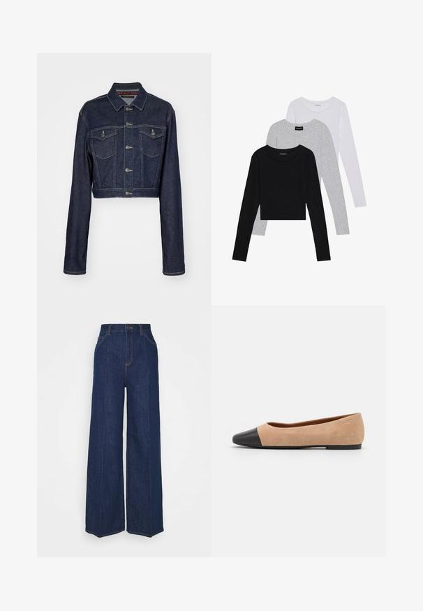 Κοντό σκούρο μπλε τζιν μπουφάν με κλείσιμο από κουμπιά, δύο τσέπες στο στήθος και κλασικό γιακά. Διαθέτει λευκές ραφές και μακριά μανίκια.; Τρία μπλουζάκια με μακριά μανίκια τοποθετημένα το ένα πάνω στο άλλο: μαύρο, γκρι και άσπρο. Κάθε μπλούζα έχει στρογγυλή λαιμόκοψη και cropped σχέδιο, κατασκευασμένη από απαλό, ελαφρύ ύφασμα.; Τζιν παντελόνι ψηλόμεσο, φαρδύ, σκούρου μπλε χρώματος, με μπροστινές και πίσω τσέπες, κλείσιμο με κουμπί και ορατές λεπτομέρειες ραφής.; Μπεζ σουέντ μπαλαρίνα με μαύρη δερμάτινη στρογγυλή μύτη, χαμηλό τακούνι και λεία υφή, με ελάχιστες ραφές και καθαρό σχέδιο.