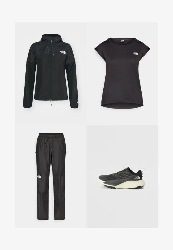 The North Face HIGHER RUN WIND JACKET - Laufjacke - black; The North Face TANKEN TANK - Sport T-Shirt - black; Schwarze wasserdichte Hose aus leichtem Material, mit elastischem Bund, Seitentaschen und einem Logo am linken Bein.; Schwarzer Sportschuh mit strukturiertem Obermaterial, ausgestattet mit grauen Akzenten und einer weißen Zwischensohle. Enthält eine Zuglasche und ein markantes Markenlogo an der Ferse.