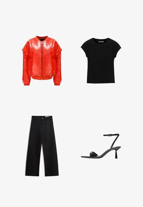 Rød faux læder bomberjakke med quiltet tekstur, lynlås foran, brede ærmer og ribbede manchetter. Har et præg af krokodillemønster.; Sort t-shirt med korte ærmer lavet af blødt stof, med rund halsudskæring og en afslappet pasform, med en glat tekstur og uden mønstre.; Sorte wide-leg denim bukser med høj talje, der har front- og baglommer, syede sømme og en knaplukning. Glat tekstur.; Bershka Højhælede sandaletter / Højhælede sandaler - black