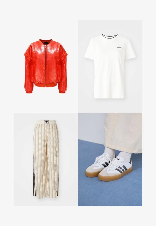 Red faux leather bomber jacket with quilted texture, zip front, wide sleeves, and ribbed cuffs. Features an embossed crocodile pattern.; White cotton t-shirt with short sleeves and a round neckline. Features a black Adidas logo on the chest and a contrasting black inner collar.; Cream-colored wide-leg pants with a zigzag pattern, featuring a black logo waistband and side black stripes. Lightweight, textured fabric.; White sneakers with black stripes and beige suede accents. Feature a textured gum sole and flat white laces, worn with light-colored socks.