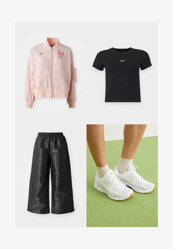 Pink bomber jacket made of smooth, lightweight material. Features a zip front, ribbed cuffs, and an embroidered rooster logo.; Black short-sleeve t-shirt made of cotton with a round neckline. Features a white Nike logo on the chest, minimalistic design, and fitted shape.; Black athletic pants with a shiny, smooth fabric, featuring an elastic waistband, wide legs, and a small logo on the left side.; White athletic shoes with mesh fabric, rubber soles, and accenting beige details. Worn with light-colored socks on a green surface.