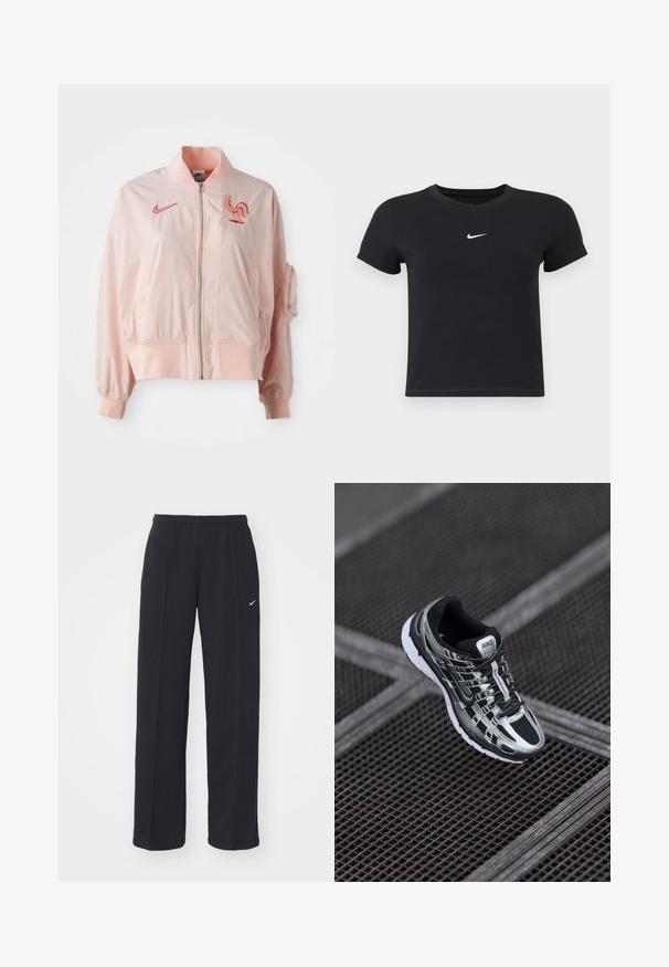 Lyserød bomberjakke lavet af glat, let materiale. Har en lynlåslukning foran, ribbede manchetter og et broderet kyllingelogo.; Sort kortærmet t-shirt lavet af bomuld med rund hals. Har et hvidt Nike-logo på brystet, minimalistisk design og tætsiddende pasform.; Sorte Nike joggerbukser med elastisk talje og sidelommer, med et lille hvidt logo på venstre ben og et lige pasform design. ; Nike løbesko med en sort og sølv farveskema, mesh-overdel, tekstureret sål og snøresystem for sikker pasform.