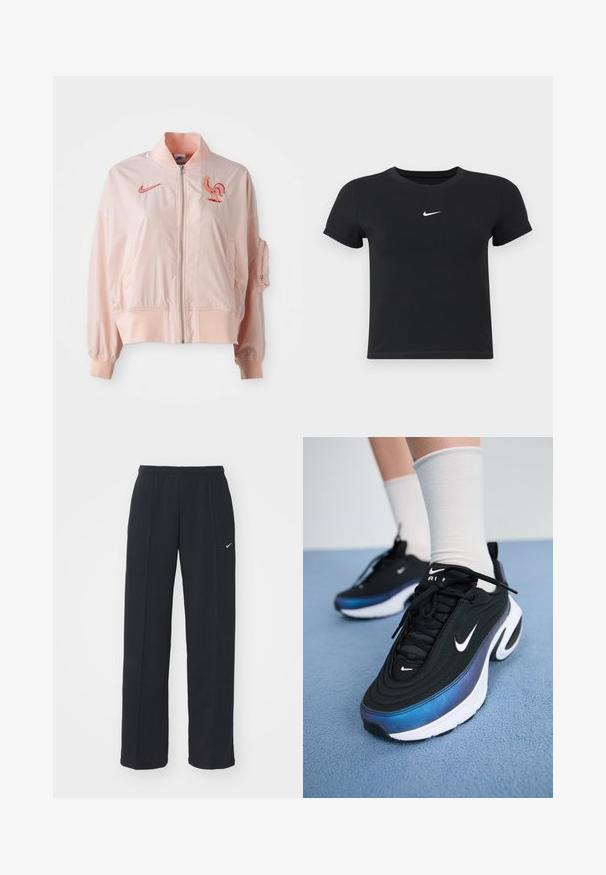 Pink bomber jacket made of smooth, lightweight material. Features a zip front, ribbed cuffs, and an embroidered rooster logo.; Black short-sleeve t-shirt made of cotton with a round neckline. Features a white Nike logo on the chest, minimalistic design, and fitted shape.; Black Nike jogger pants with an elastic waistband and side pockets, featuring a small white logo on the left leg and a straight fit design.; Black Nike sneakers with a smooth fabric upper, featuring a gradient blue-to-black design, white sole, and prominent logo accents.
