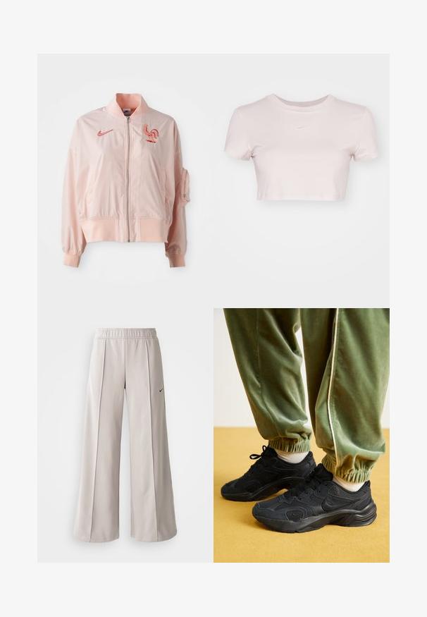 Chaqueta bomber rosa hecha de un material suave y ligero. Cuenta con un cierre de cremallera en la parte frontal, puños acanalados y un logo de gallo bordado.; Camiseta corta en rosa claro, hecha de tejido suave. Presenta un cuello redondo y mangas cortas con un pequeño logo blanco de Nike en el pecho.; Pantalones de pierna ancha en gris claro, confeccionados con una tela suave. Presentan una cinturilla elástica y el logotipo negro de Nike en el lado izquierdo.; Zapatillas deportivas negras con superposiciones de malla y sintético, suela texturizada, combinadas con pantalones de chándal verdes con puños elásticos, sobre una superficie amarilla.