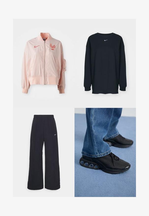 Rozā bomber jakas, kas izgatavota no gluda, viegla materiāla. Iekļauj zipa priekšpusi, ribu aproces un izšūtu gaili kā logotipu.; Melnas garajām piedurknēm T-krekls no kokvilnas ar apaļu kakla izgriezumu. Uz krūtīm ir balts Nike logo. Mīksta tekstūra, vienkāršs dizains.; Melnas platās bikses ar elastīgu jostu un mazu baltu Nike logo. Audumam ir gluda tekstūra, kas paredzēta ērtībai un ikdienas valkāšanai.; Melnas sporta kedas ar sietu augšdaļu, teksturētām akcentiem un redzamajām gaisa amortizācijas podiem zolei. Valkātas ar zilu džinsu biksēm.